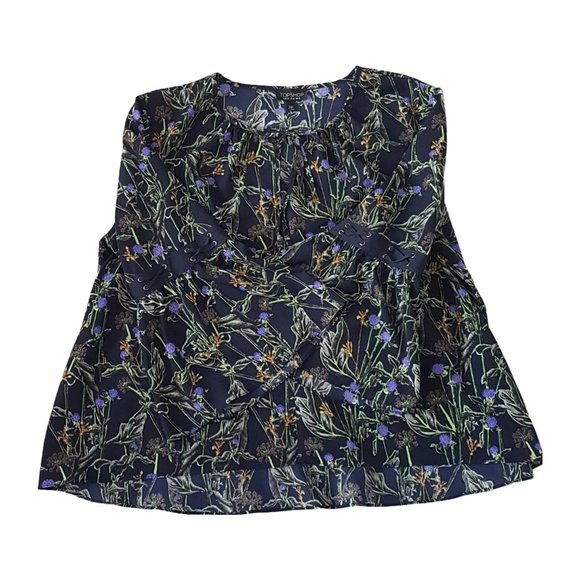 TOPSHOP Blouse Medium US 10 Bell Sleeve Flowy Smock Top Floral Print Blue BOHO - Picture 7 of 10